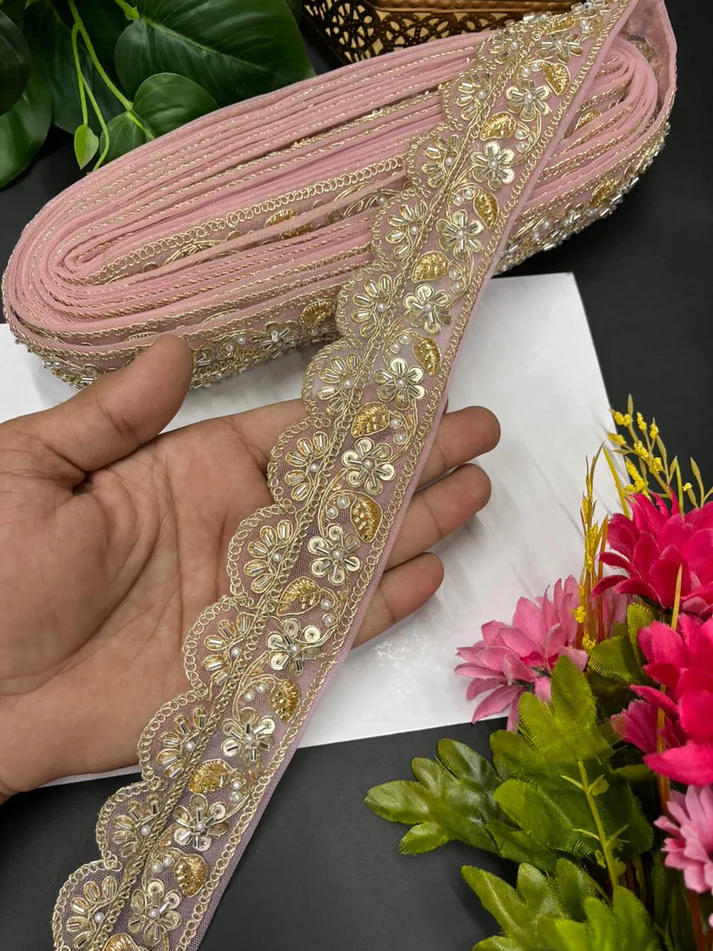 Bridal Katdana Beaded Lace Maggam Work - Baby Pink